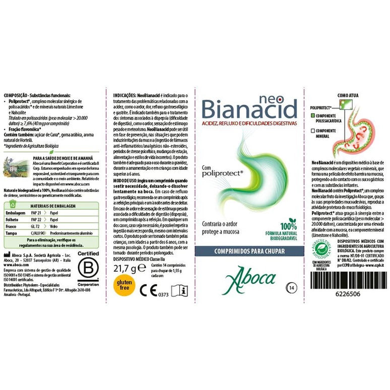 Comprimidos para Azia, Refluxo e Digestão Aboca NeoBianacid Sabor Limão 14 Comprimidos